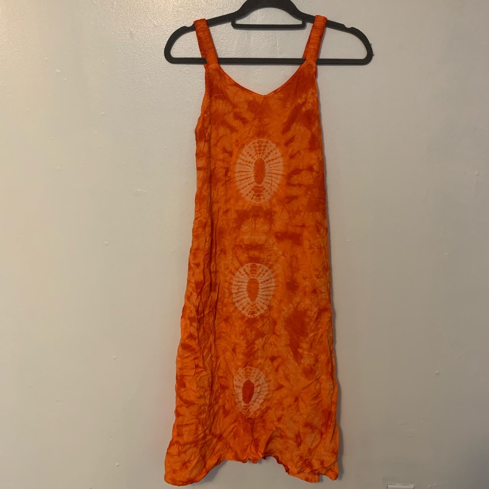 Handmade Cotton Bright Orange Tie-dye Sleeveless Dress or Swimsuit Cover